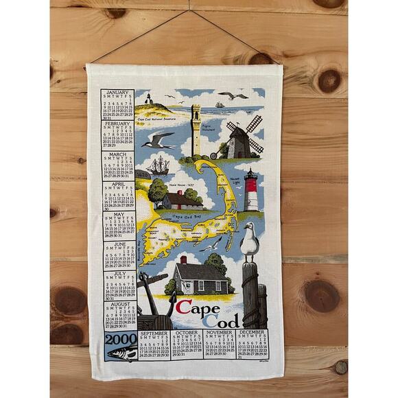 VTG Kay Dee Linen Tea Towel/Wall hanger. CAPE COD. Fish. Map. 2000 calendar - Picture 1 of 3